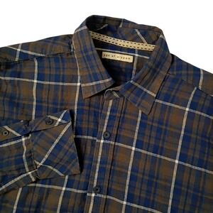 Age Of Wisdom Shirt Mens Large Blue Brown Plaid‎ Linen Blend Long Sleeve Casual